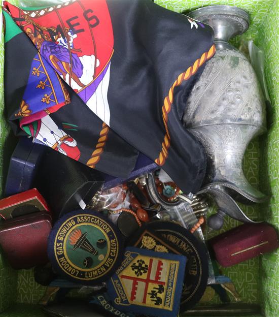 A quantity of miscellaneous items including silver, costume jewellery, medallions, Hermes scarf etc